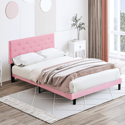 Upholstered Queen Size Bed Frame With Modern Pink Button Linen Headboard - No Box Spring, Easy Assembly, Wood Slat Base Support, 600 Lbs Weight Boundary In Capacity