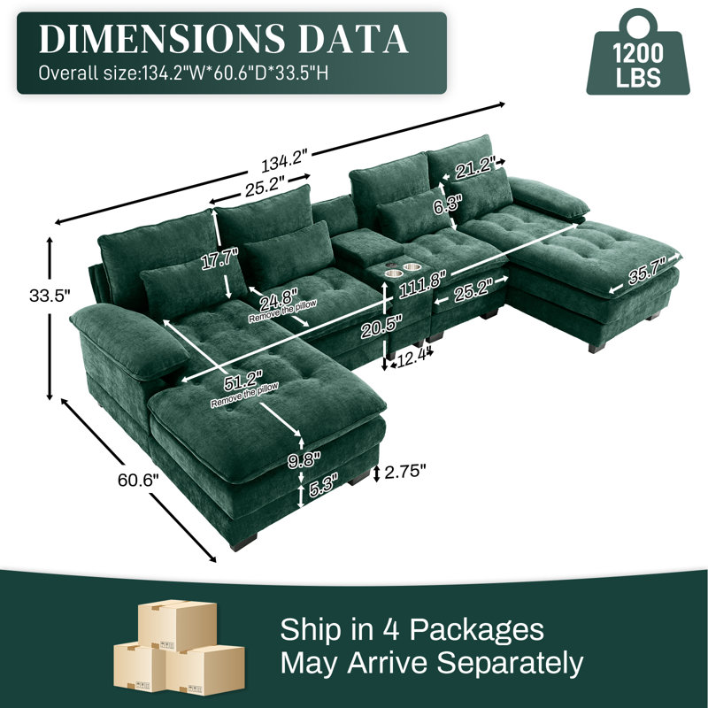 Oversized 130"W 4 Piece U-Shape Sectional With Console & Cup Holders, Green