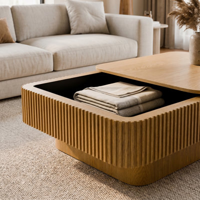 Table basse carrée moderne avec rangement caché - 31,5 po en placage de bois massif pour table de salon, chambre à coucher, appartement ou bureau - grain de bois brun, lattes de bois verticales