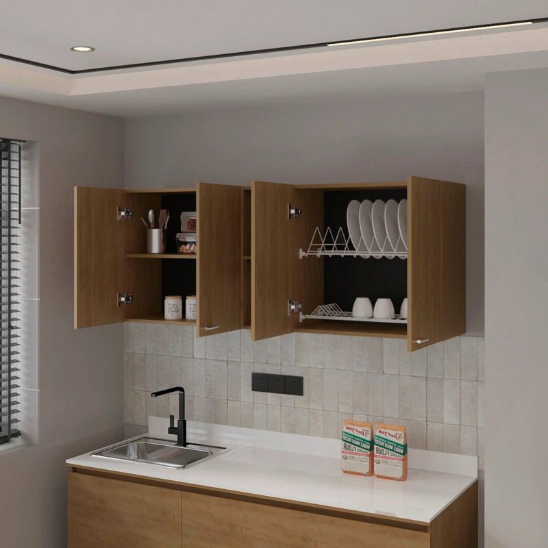Armoire murale en chêne naturel naturel en mélamine avec 4 portes et rangement ouvert