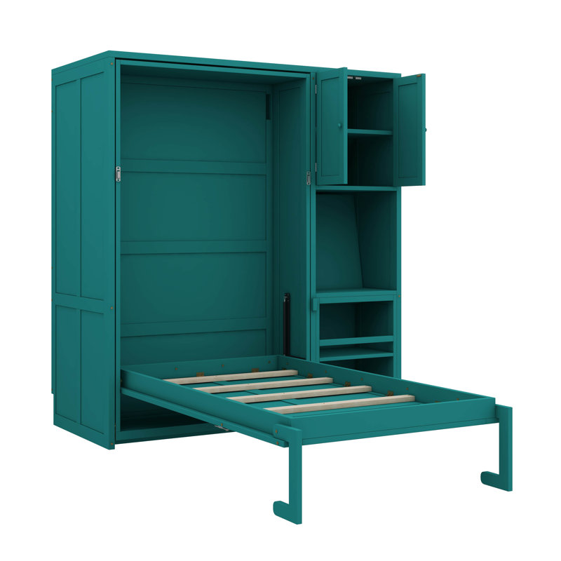Lit escamotable mural simple avec bibliothèque, armoire supérieure, bureau extensible et rangement latéral, Sarcelle