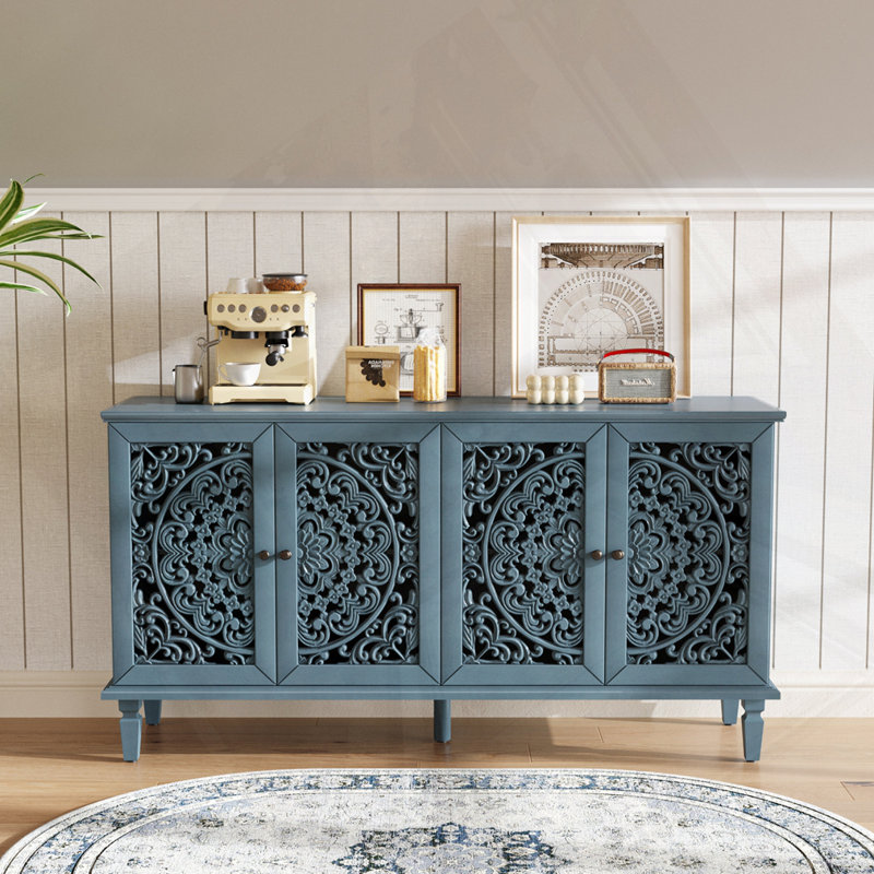Buffet antique 60 "avec sculptures florales, Bleu antique