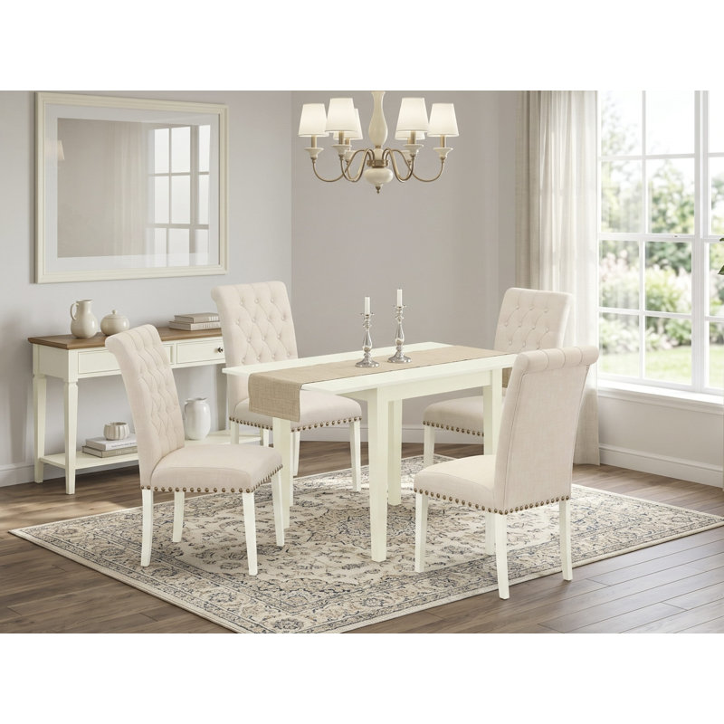 Cet ensemble de salle à manger 5 pièces comprend une table de salle à manger rectangulaire avec Dropleaf et 4 chaises rembourrées en tissu brun clair en acajou