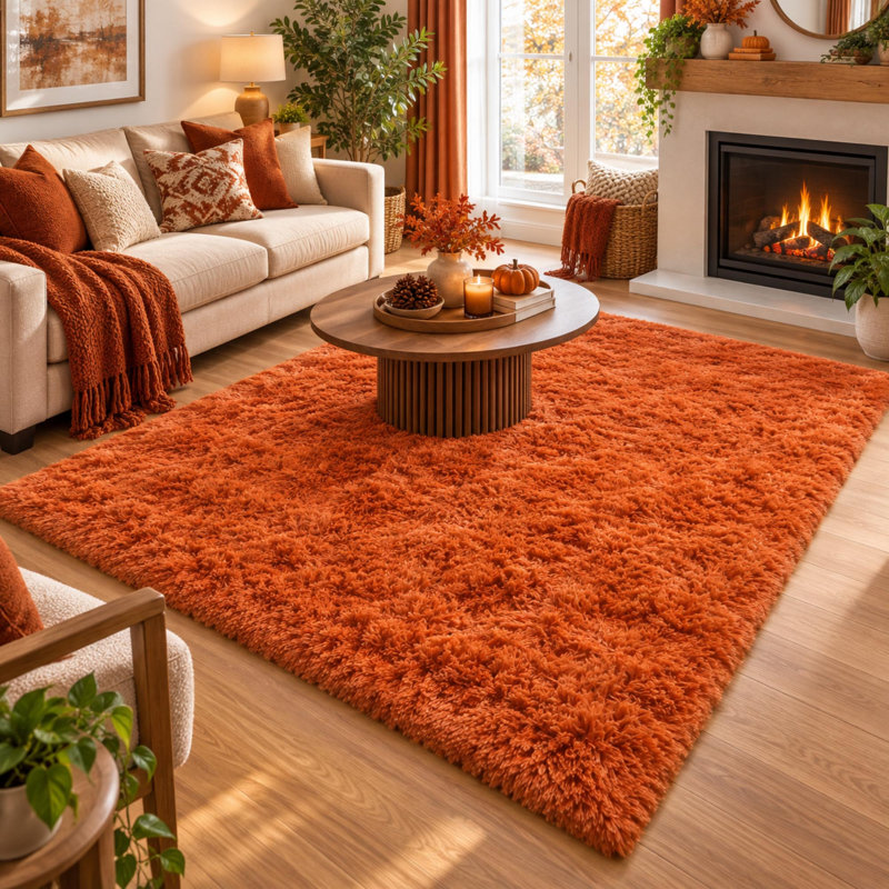 Tapis à poils longs orange brûlé de 152 x 213 cm avec envers antidérapant