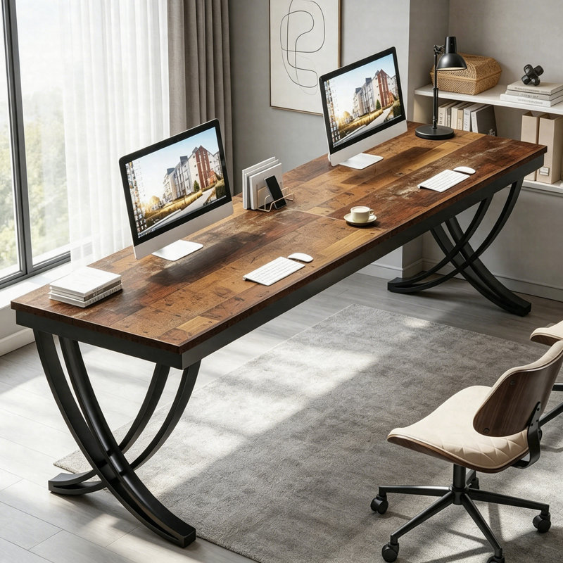 78,74 po. Bureau d'ordinateur industriel pour deux personnes, table de travail double avec structure en métal