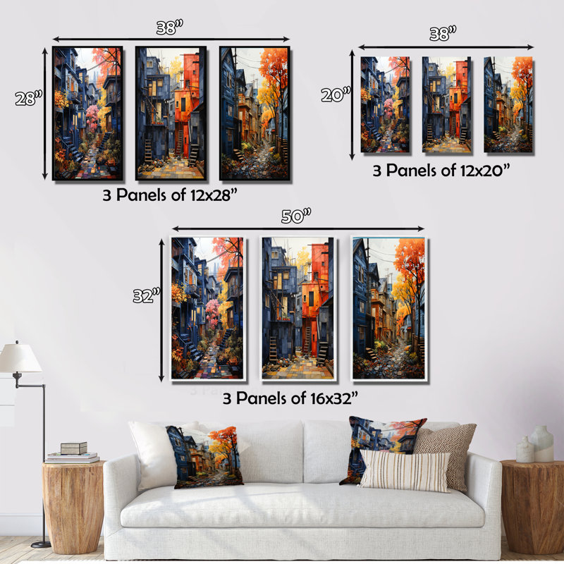 «Cityscape Alleyway Patchwork», 3 pièces, H 20 po x l 36 po, Cadre noir