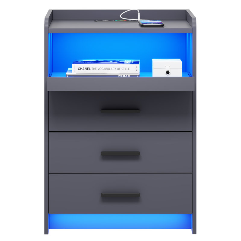 3 Drawers Bedside Table with Charging Station and Led Lights, Grey