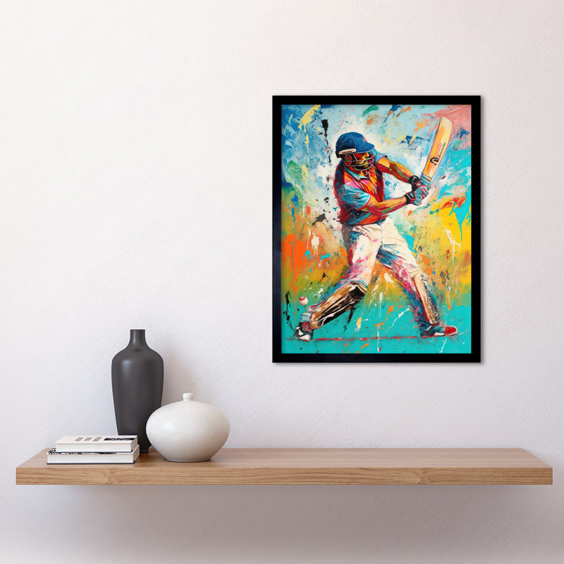 Sersic Cricket Shot Vibrant Cricketer Batsman Portrait 1 Piece Single Picture Frame Wall Art