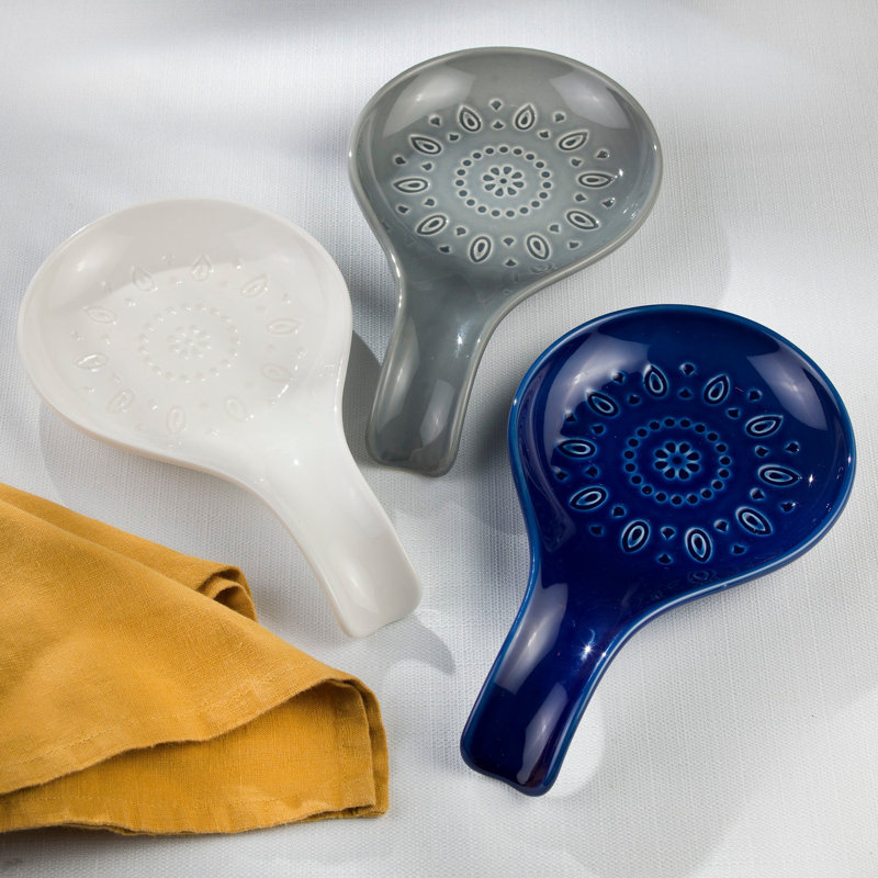 White Stoneware Spoon Rest with Intricate Design, 9.05 in.