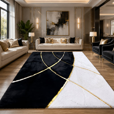 Elegant Black White Plush Area Rug with Gold Geometric Art Deco - Soft Luxury Living Room Carpet