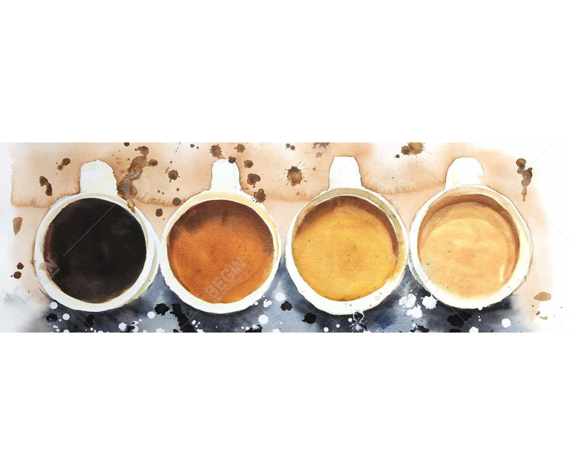 Quatre tasses de café avec éclaboussures de peinture | Art sur toile grise