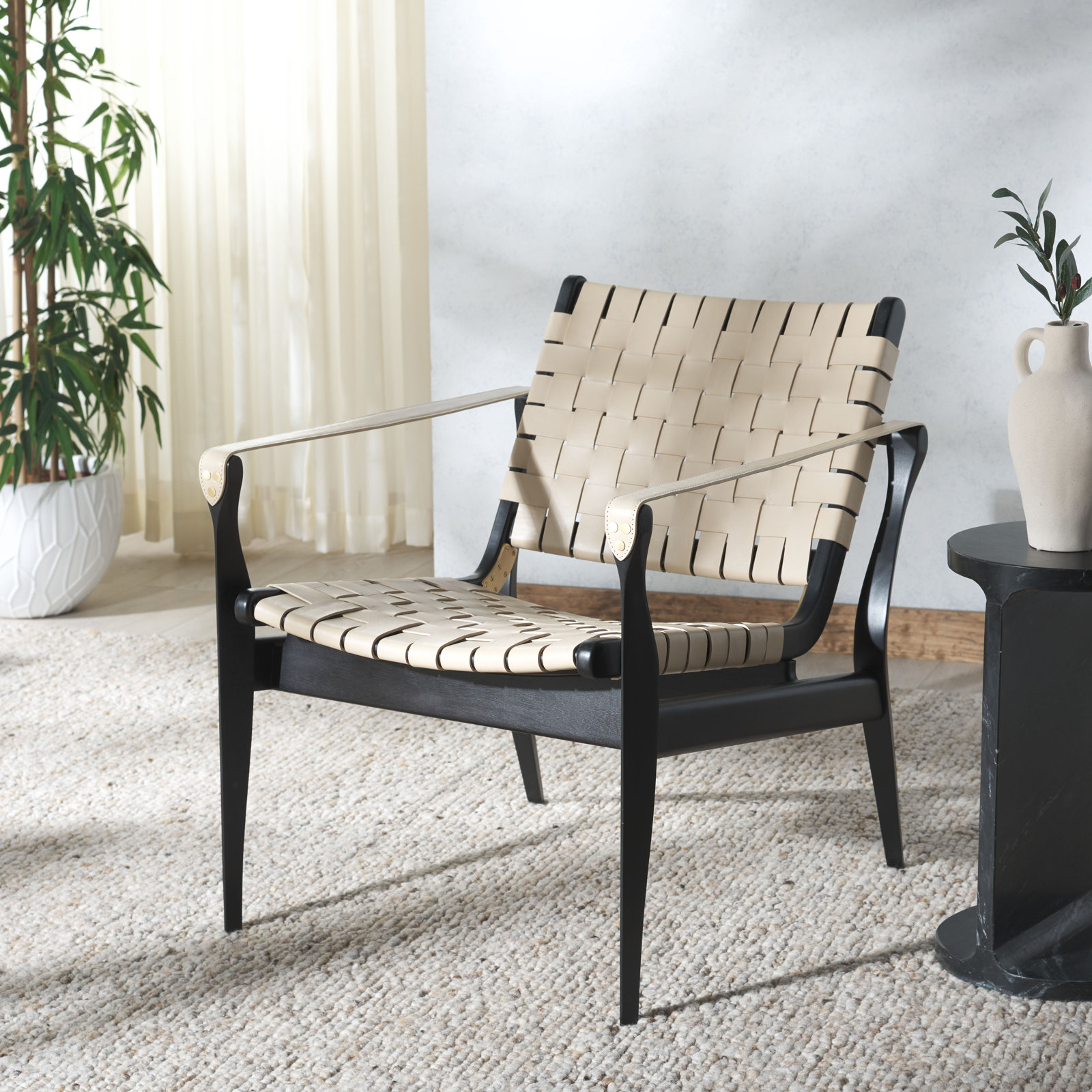Kenan Upholstered Armchair, White Genuine Leather, Black
