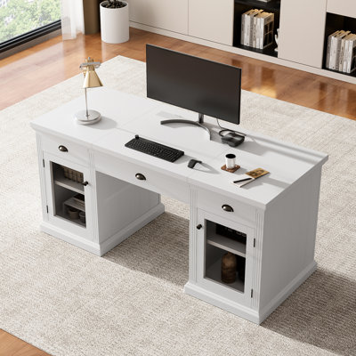 Bureau moderne blanc rectangulaire de 67 po avec 2 portes en verre, 3 tiroirs, des ports et des tablettes réglables pour la fantaisie de bureau à domicile