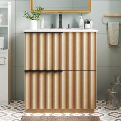 30" Bathroom Vanity With Ceramic Sink And Full-Extension Drawers, Soft Close Undermount Drawer Slides, Fluted Design