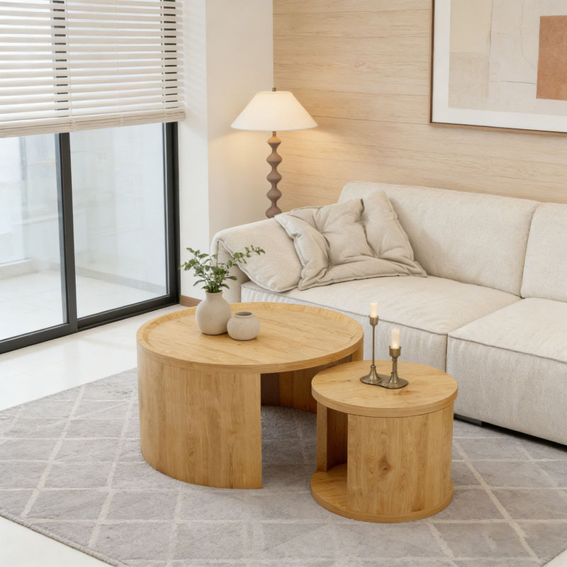 Ensemble de tables basses rondes, Bois naturel - 1