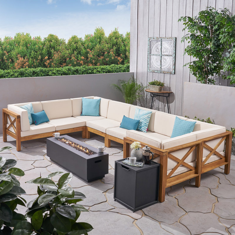 8 - Person Modular Patio Conversation Set with Cushions, Teak Frame / Beige Cushion
