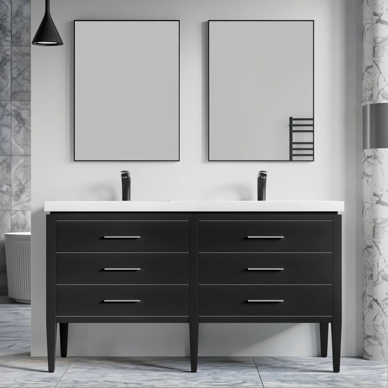 Meuble-lavabo double 61 po avec plateau en résine Alonsa, Lit double, Blanc/laiton