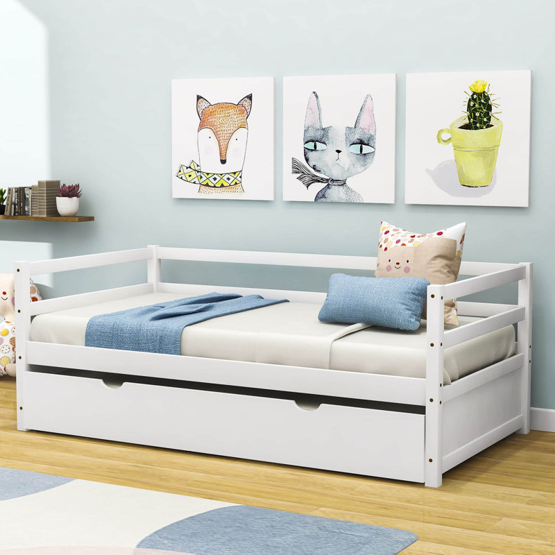 Lit de jour simple en bois avec couchette Edricka, Blanc