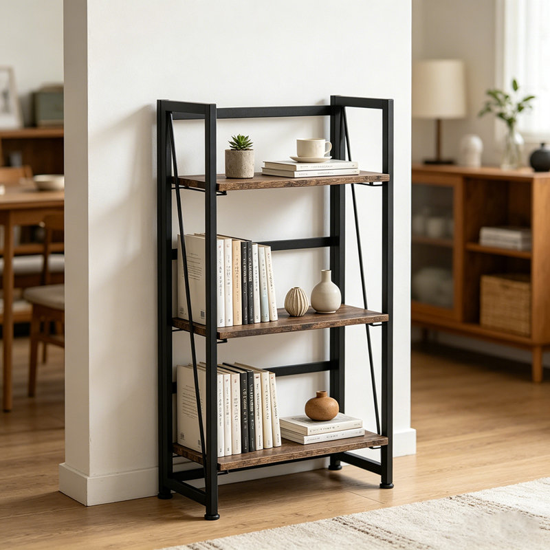 Bibliothèque pliante, étagère de rangement à 3 niveaux pour bureau à domicile, sans assemblage, Brun / Noir