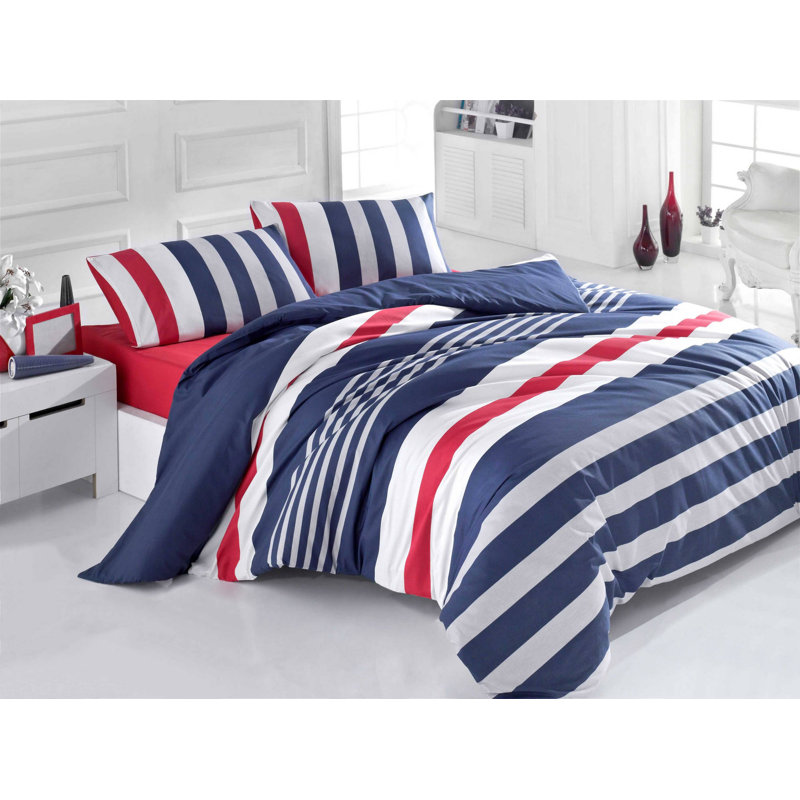 Ensemble de housse de couette 100% coton bleu foncé Beatrix, Housse de couette double + 2 taies d'oreiller 31 p