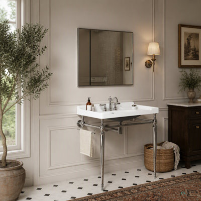 Lavabo de console de salle de bain 36 po, meuble-lavabo mural en céramique avec 3 trous de robinet pré-percés, pieds de support autoportants en acier inoxydable avec barre à serviettes, sans robinet ni couvercle de lavabo