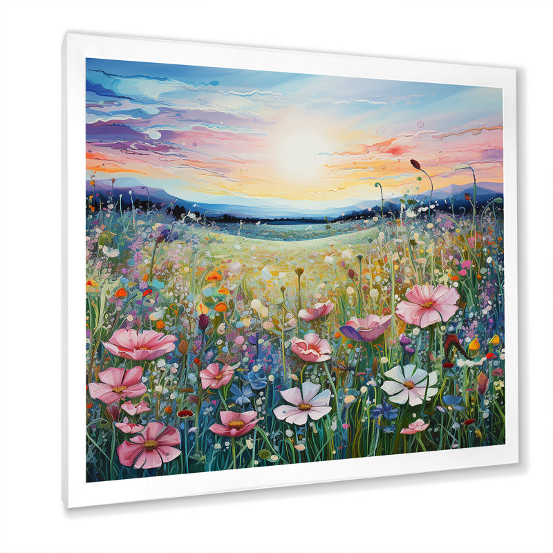 Fleurs roses dans un paysage de vallée sur toile, Cadre simple blanc, H 30 po x l 30 po x P 1 po