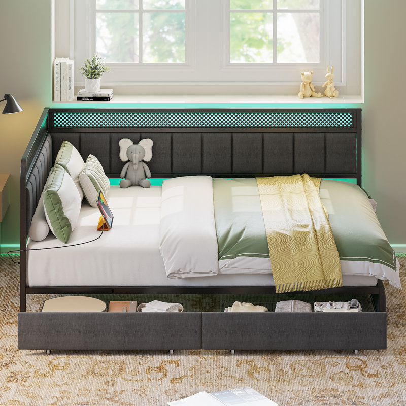 Modern Twin Daybed With Storage & Charging - Corner Design, Led Lights, Twin XL, Gray