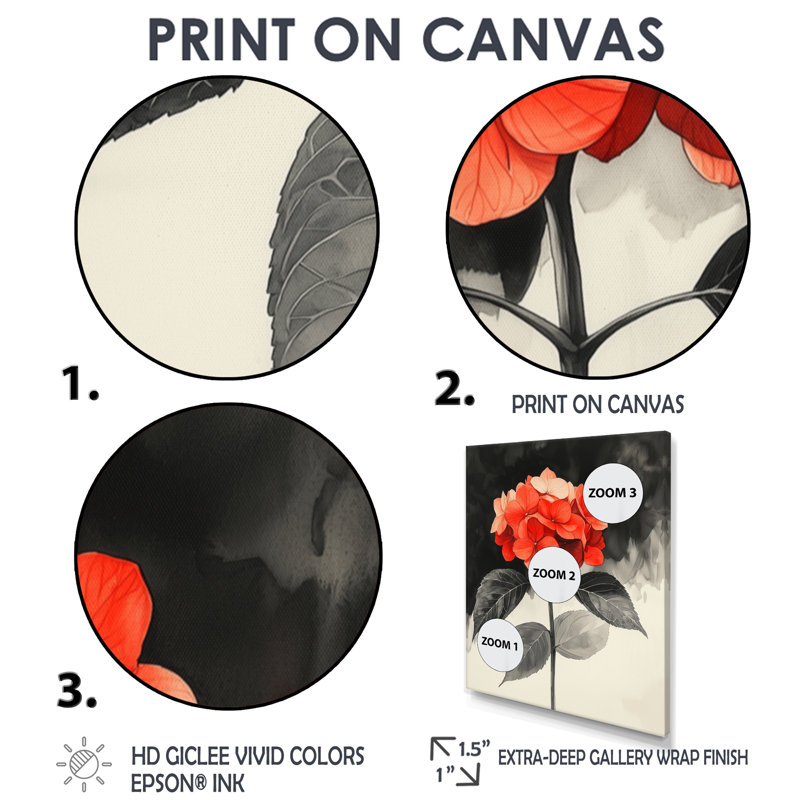 Hortensias monochromes avec décor de pétales rouges III - hydrangées, art mural, H 32 po x l 24 po, Argent argent