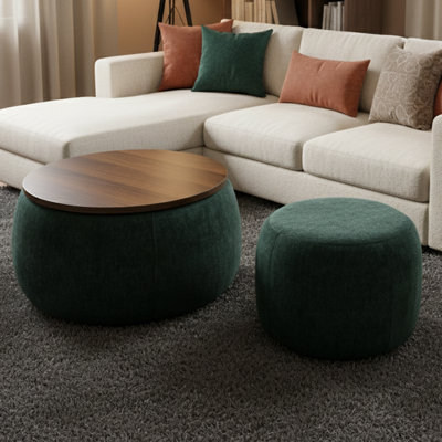 25" W Round Storage Ottoman with Removable Lid, Fully Assembled Footrest and Coffee Table, Green
