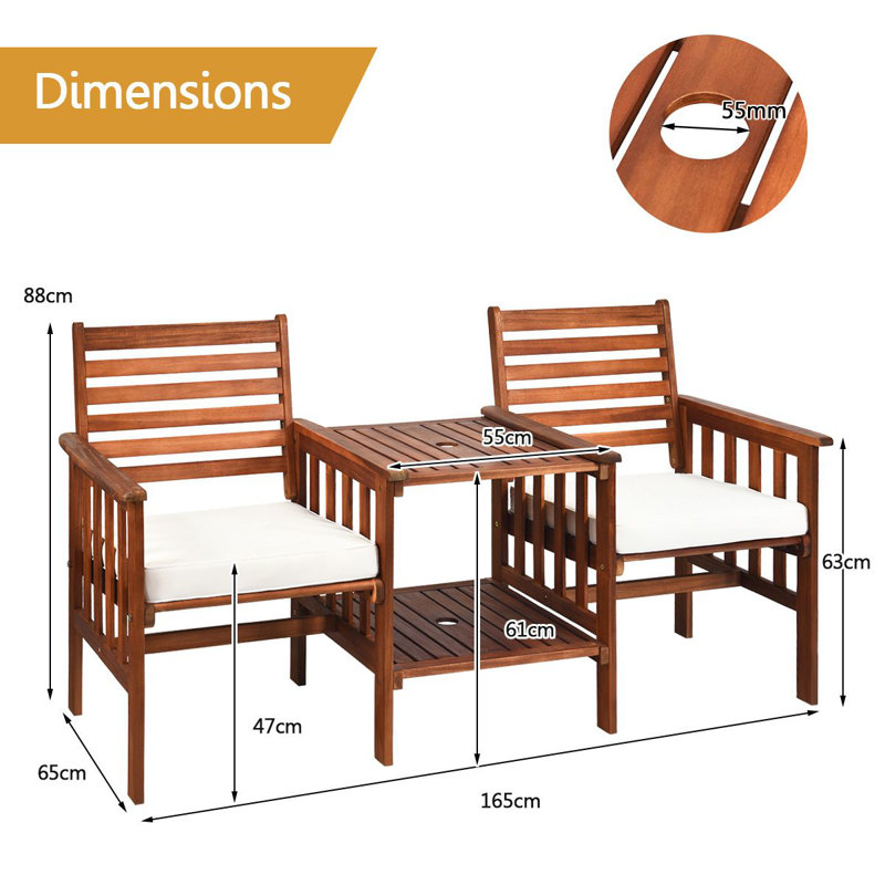 3 Pieces Wooden Table Chairs Set With Cushions Acacia Wood Loveseat With Table