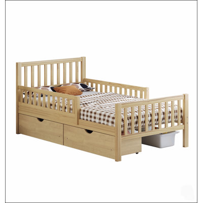 Lit plateforme robuste en bois, format standard, avec barrières de sécurité et tiroirs de rangement, idéal pour les chambres modernes.