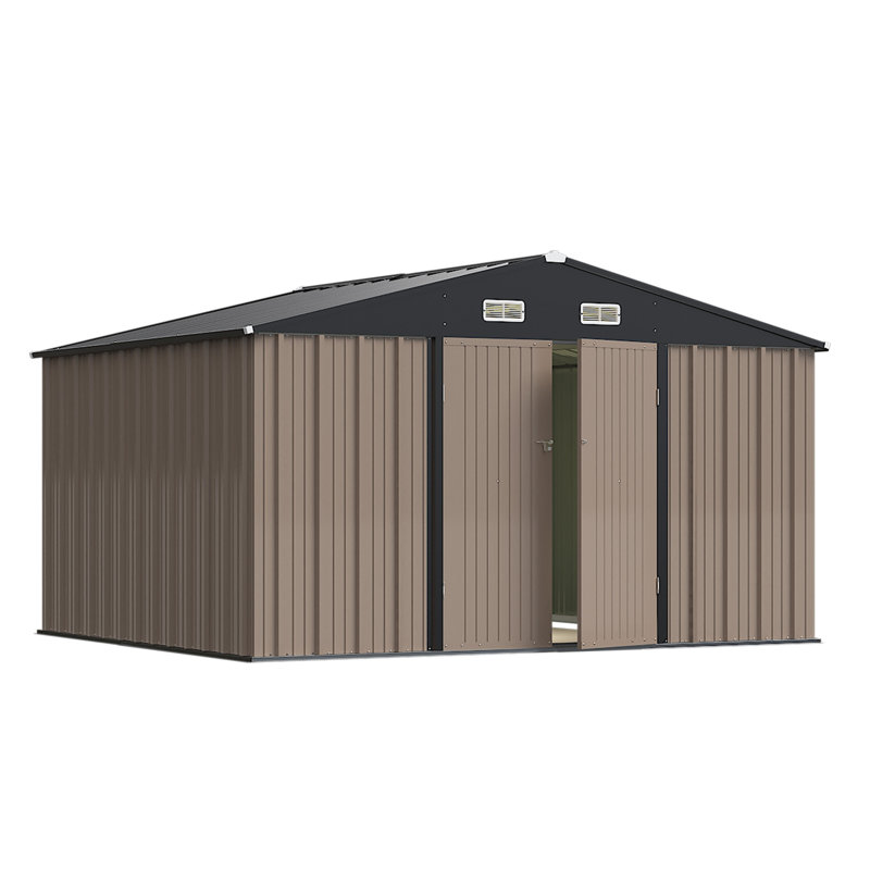 Remise de jardin extérieure en métal l 10 pi x P 8 pi avec portes doubles verrouillables, Brun