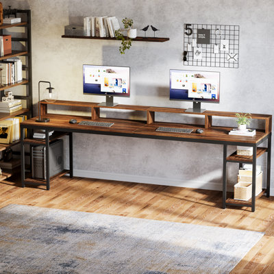 Bureau double 78,74 "avec support pour écran, bureau pour deux personnes avec 4 tablettes ouvertes