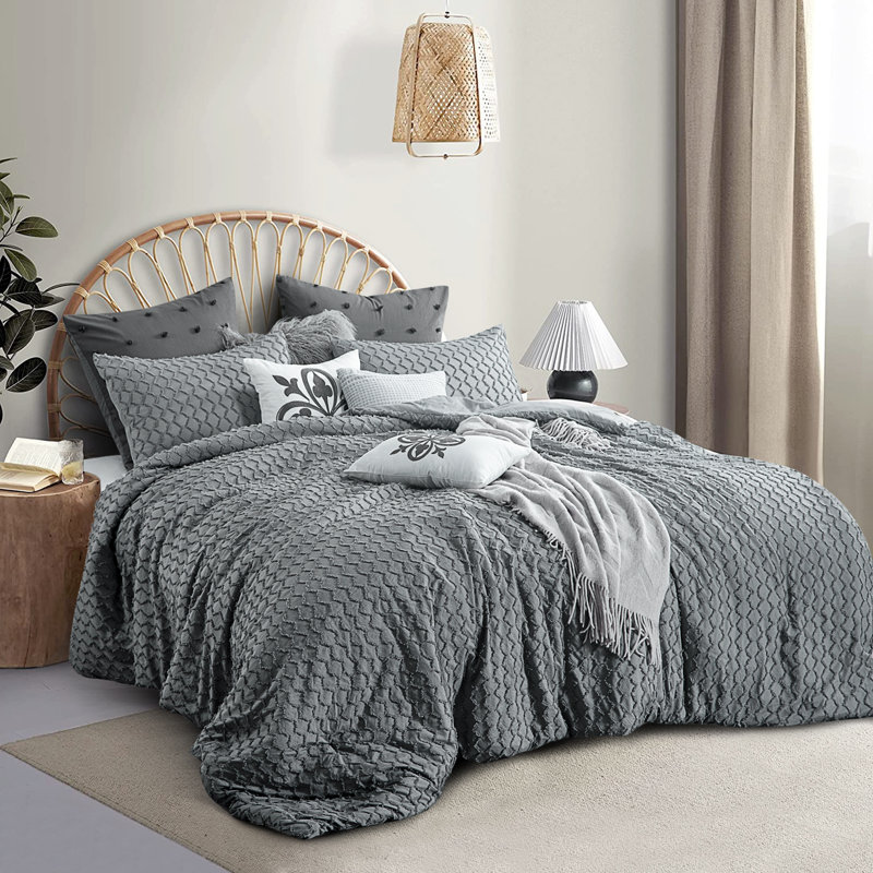 Ensemble d'édredon en jacquard et capitonné Suniya, Édredon pour très grand lit + 2 très grandes ta, Gris