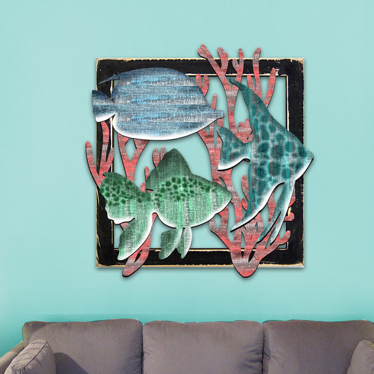 Décoration murale poissons colorés en bois cadre, H 18 po x l 18 po x p 2 po