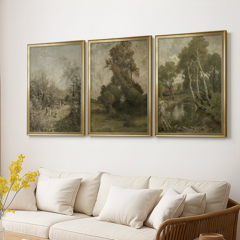 Paysage rétro CLxxl III - Toile tendue avec châssis sur mesure - 3 pièces, H 27 po x l 39 po, Doré