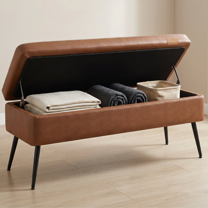 Ottoman Bench - Mid-Century Modern Bench With Synthetic Leather And Stitching, End Of Bed Bench With Hidden Storage, For Living Room, Bedroom, Entryway, Caramel Brown