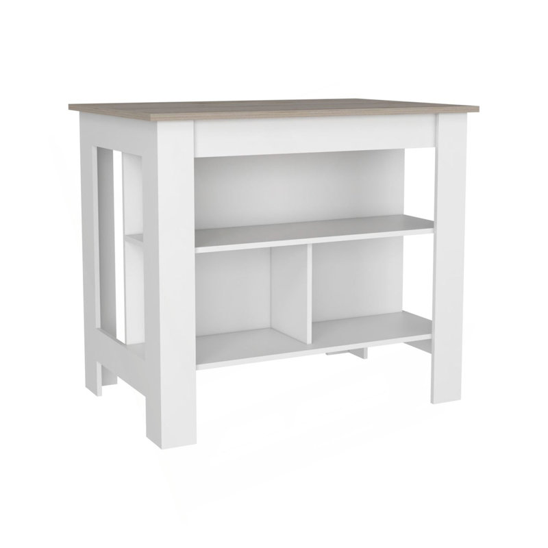 Kitchen Island, Kitchen Table 35" H, Three Open Storage Shelves, Four Legs, Gray/White