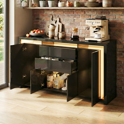 160Cm High Gloss Sideboard & TV Stand With LED, 4 Doors & 2 Drawers Storage Cabinet, Push-To-Open Minimalist Unit
