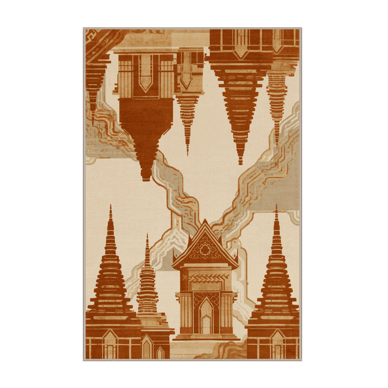 Machine Washable Paublo Chiang Mai Temples Global Inspired Oriental Rug in Beige – Beige Binding, 5x8