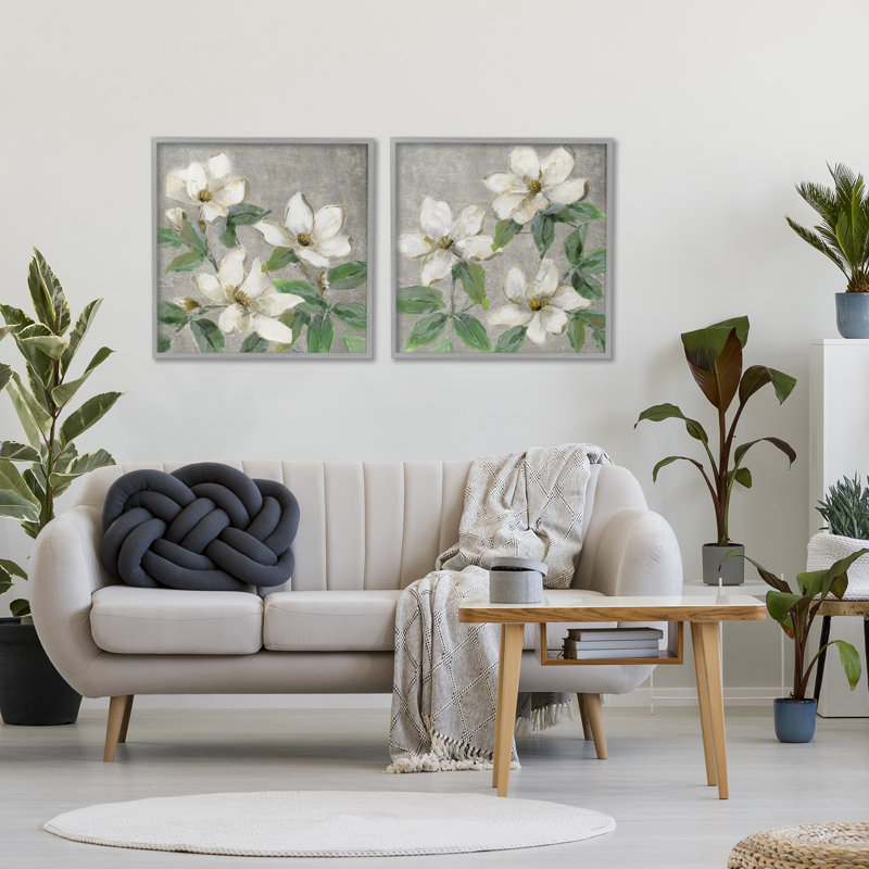 Blooming Ivory Magnolias 2pc Framed Giclee Set, design by Sally Swatland, Farmhouse Grey Giclee Framed, 24" H x 24" W