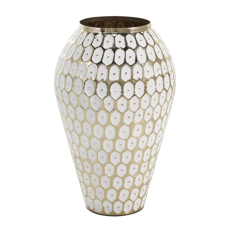 Metal Geometric Dot Geometric Gold Decorative Vase with White Accents