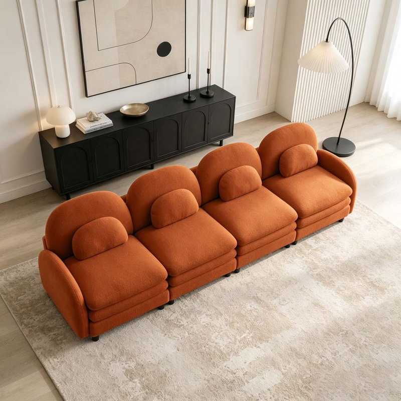 Canapé en tissu Teddy Cloud, dossier incurvé et accoudoirs avec coussins lombaires, Orange+4Seat