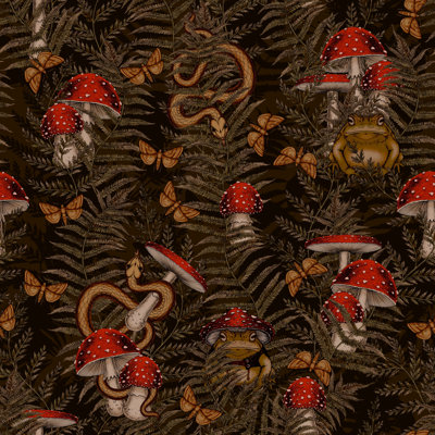 Papier peint forêt mystique avec motif de grenouille serpent champignon