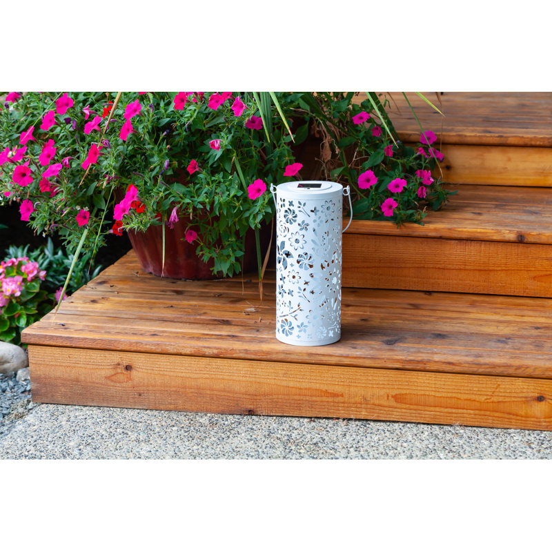 Punched 12'' Solar Powered Integrated LED Cylinder Lantern, White