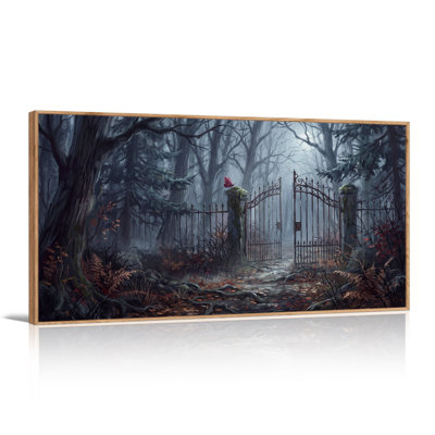 Art mural sur toile Misty Forest Gate with Red Butterfly