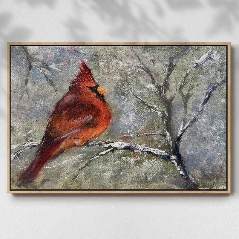 «Cardinal in Snow II», toile tendue avec châssis, H 27 po x l 41 po x P 1,5 po, Cadre naturel flottant