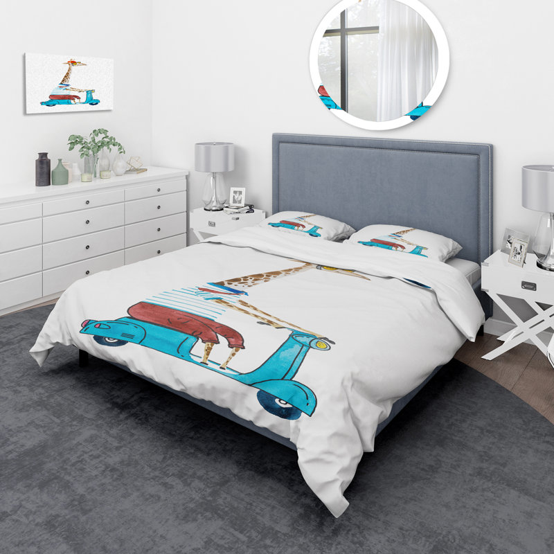 Girafe habillée en casque et scooter - Ensemble de housse de couette pour enfants - Microfibre de polyester