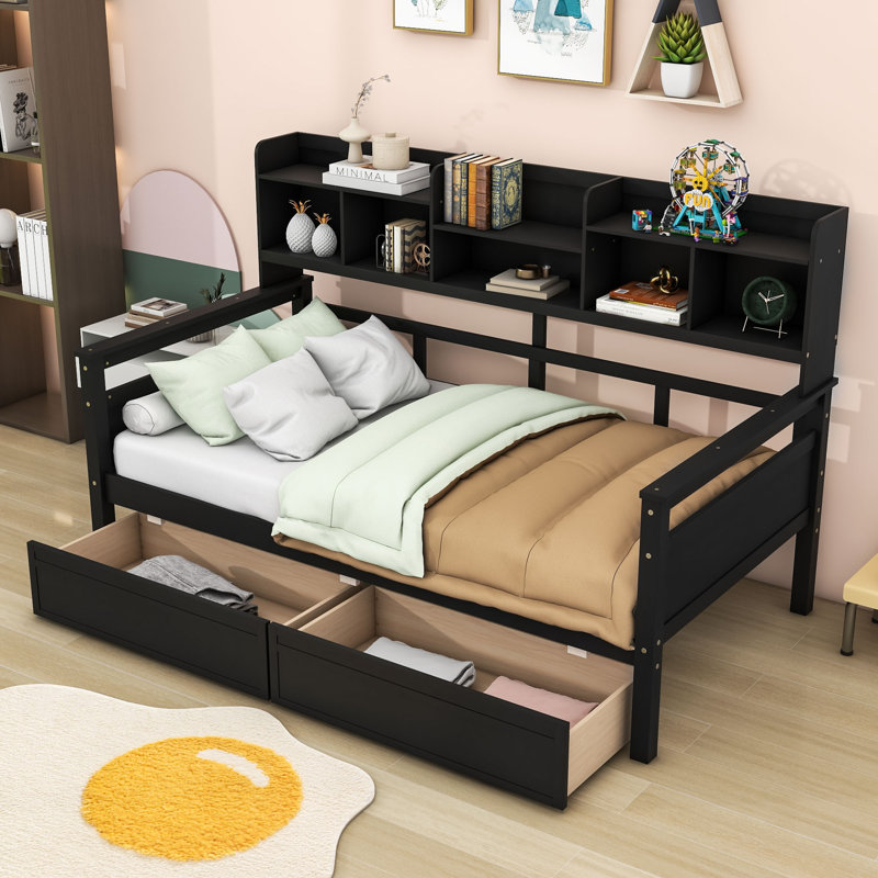 Pierrot Daybed with Two Drawers, Shelves and Slats, Twin, Espresso