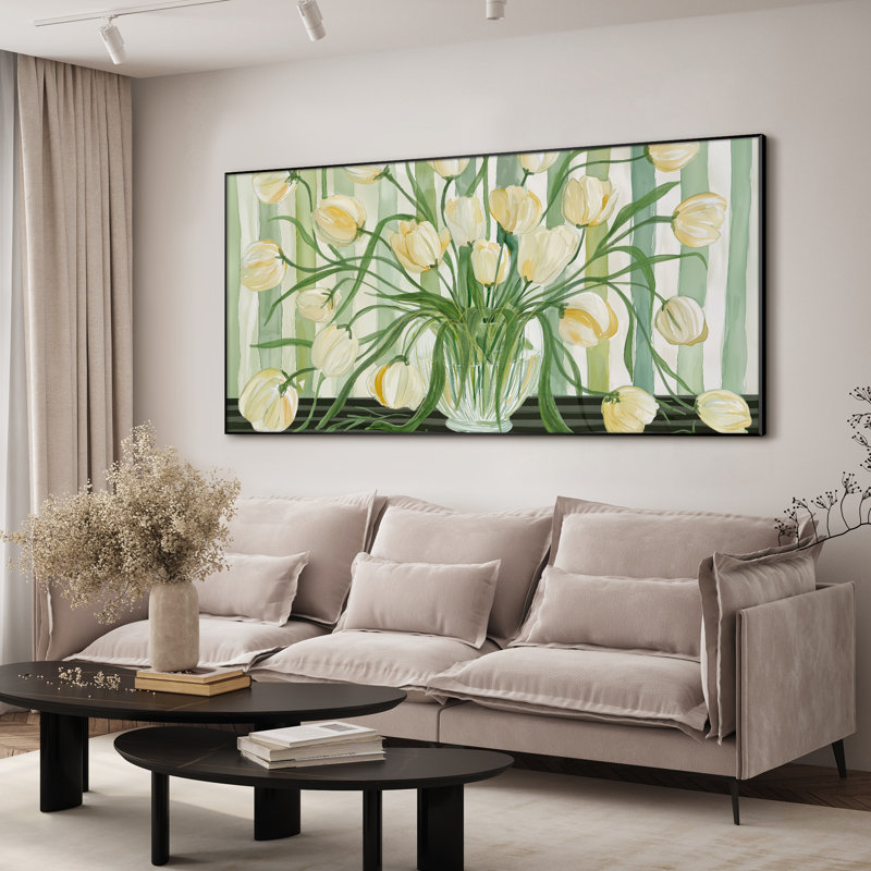 Très grand tulipe, reproduction d'art murale - fleurs blanches et jaunes dans un vase, décoration botanique moderne pour le salon ou la chambre à coucher, assemblage requis